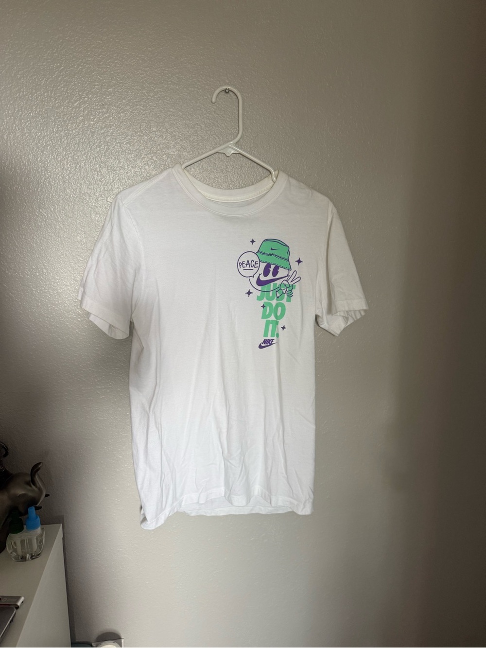 Nike White Short Sleeve Tee with Green & Purple Graphic